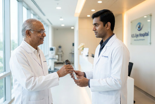 Dr. Subramaniam passing the legacy of excellence to his son Dr. Jeyanth at K.S. Eye Hospital