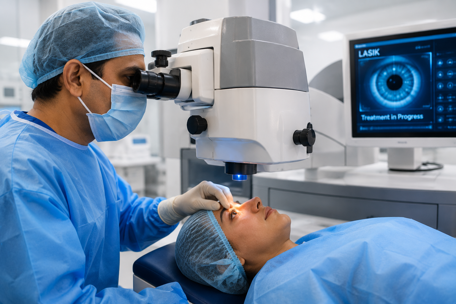 High-tech clinical interface of a modern LASIK laser system in a surgical environment.